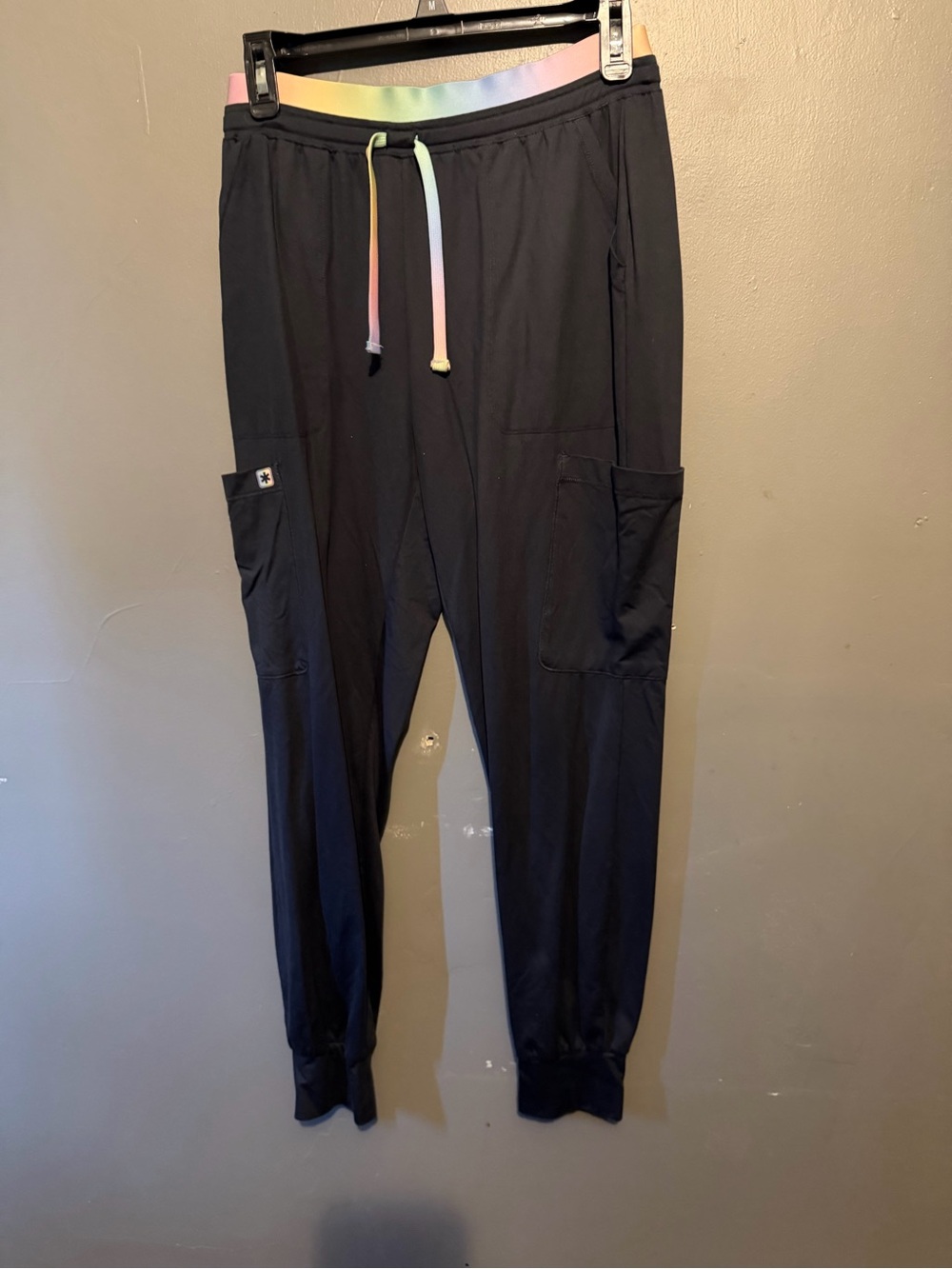 Women’s Black Ankle Cargo Joggers with Rainbow Drawstring
